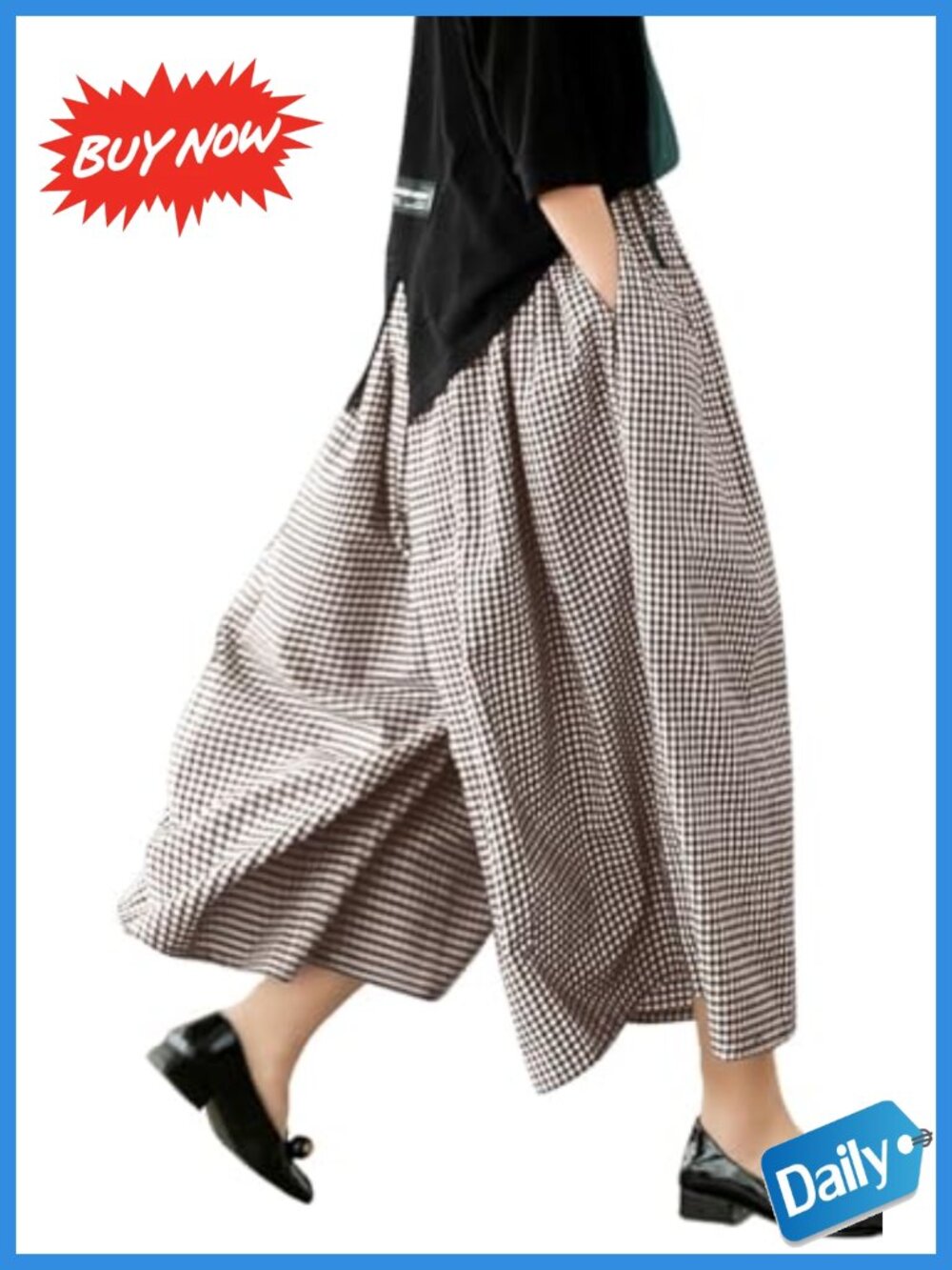 Cotton Linen Wide Leg Capri Pants Elastic Waist Plaid Palazzo